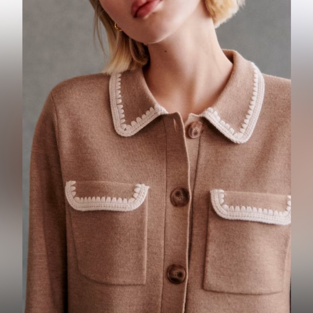 Sezane NWOT Betty Cardigan, sz S, Mottled Camel Vanilla Crochet